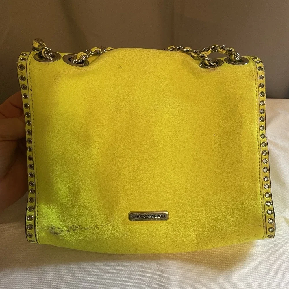 Rebecca Minkoff Bow Studded Shoulder Crossbody Bag Purse Neon Yellow Chain Strap